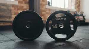 Side-by-side comparison of a tri-grip plate and a standard circular weight plate.