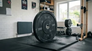 High-density rubber bumper plate absorbing impact after being dropped on protective flooring.