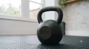 Durable coated cast-iron fixed-weight kettlebell resting on a rubber gym flooring mat.