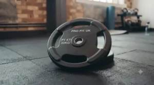 Durable rubber tri-grip plate resting on a protective gym flooring mat.