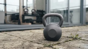 Rust-resistant powder coat kettlebell resting on a rubber mat after an outdoor workout.