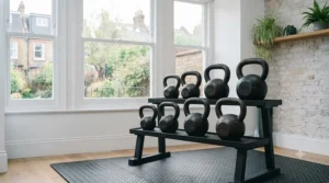 Row of traditional cast-iron fixed-weight kettlebells arranged neatly on a gym rack.