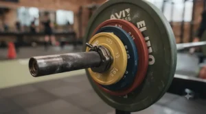 Side profile of a powerlifting barbell loaded with fractional plates for progressive overload.