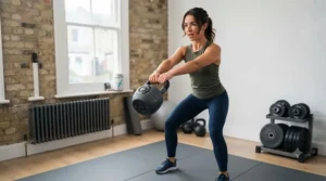 Fitness enthusiast performing a kettlebell swing using an adjustable quick-change model.