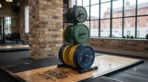 Tri-grip olympic weight plates making it easier to load onto a barbell safely.