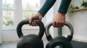 Comparison of handle thickness and texture between adjustable and traditional kettlebells.
