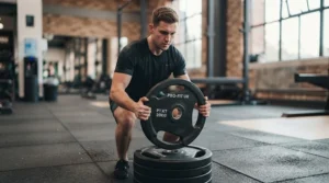 Lifter safely gripping a tri-grip weight plate by its integrated handles before loading.