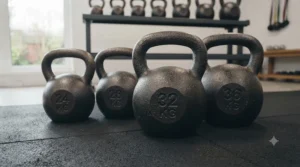 Heavy cast iron kettlebells positioned on a rubber mat inside a dedicated home gym.