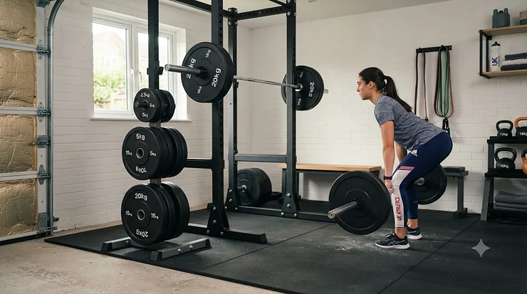 Complete home gym setup featuring a rack, barbell, and full weight plate set. weight plate set for home gym
