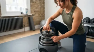 Step-by-step demonstration of changing weight plates on a quick-change kettlebell.