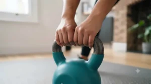 A close-up view demonstrating the correct two-handed grip on the handle of a turquoise vinyl kettlebell.