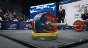 IPF-approved calibrated weight plates ready for a British powerlifting competition.