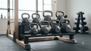 Selection of kettlebells neatly stored on a rack inside a modern British home gym.