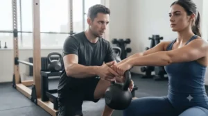 Personal trainer demonstrating proper kettlebell snatch form to compare handle comfort.