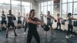 Participants in a London fitness class performing kettlebell exercises with various bell types.