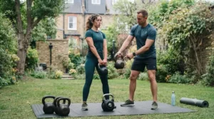 Personal trainer demonstrating proper form with a versatile kettlebell during an outdoor workout.