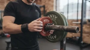 Strength athlete sliding a small fractional plate onto a barbell in a British gym.