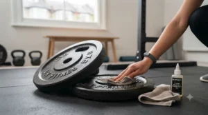 Applying protective oil to maintain cast iron weight plates in a UK home gym.