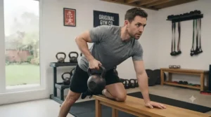 Man holding a cast iron kettlebell ready for an upper body exercise in his home gym.
