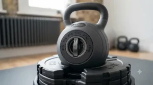 Detailed view of the secure dial and locking mechanism on a quick-change kettlebell.