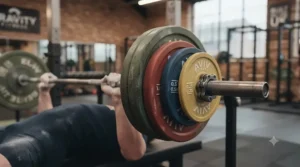 Athlete performing a bench press with micro loading fractional plates attached to the bar.
