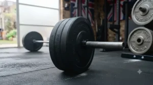 Olympic barbell loaded with coloured bumper plates ready for deadlifts.