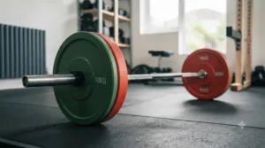 An Olympic barbell loaded with coloured bumper plates on a lifting platform.