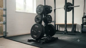 Close-up of a 2-inch Olympic weight plate slide-loaded onto a stainless steel barbell bar.