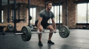 Weightlifter performing a deadlift using rubber Olympic plates