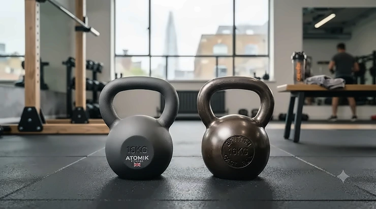 Comparison of powder coat and traditional kettlebells on a gym floor in the UK, highlighting texture differences for home workouts. powder coat kettlebells vs traditional kettlebells