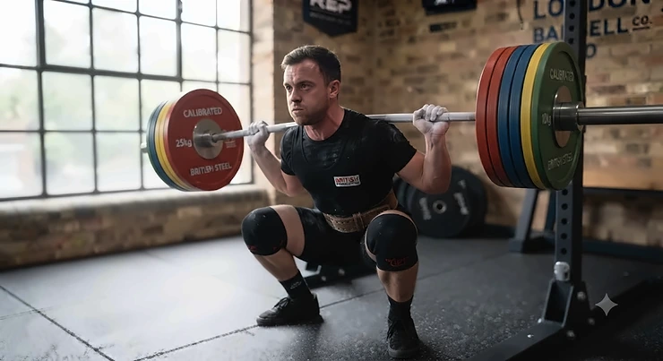 Powerlifter performing a deadlift with calibrated competition plates in a UK gym. calibrated plates vs standard plates