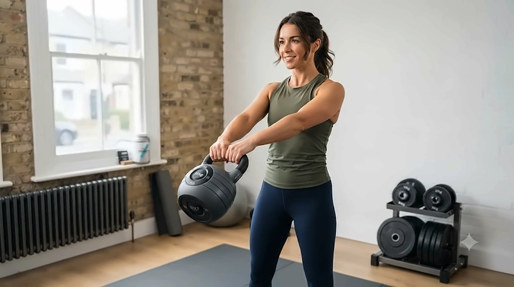 Adjustable quick-change kettlebell on a mat in a home gym setting, ideal for space-saving workouts. quick-change kettlebells