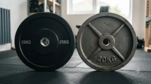 Close-up comparison of a black rubber bumper plate next to a traditional cast iron weight disc.