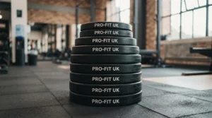 A neat stack of black rubber-coated tri-grip barbell plates on a gym floor.