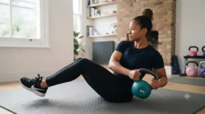 A woman performing a Russian twist core exercise, holding a vinyl kettlebell with both hands while seated on a mat.