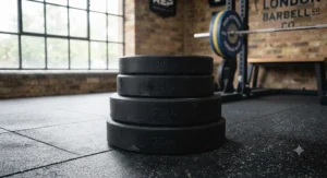 Standard rubber bumper plates stacked on a barbell for CrossFit training.