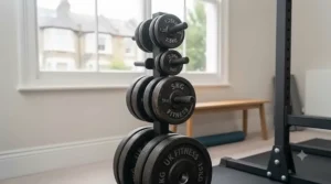 Cast iron weight plates organized securely on a vertical weight tree rack.