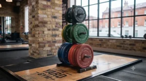 Vertical weight tree holding multiple pairs of olympic weight plates in a fitness studio.