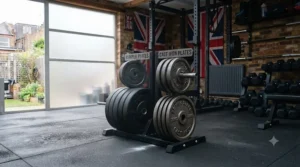 Cast iron and bumper plates neatly organised on a vertical storage rack.