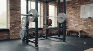 Complete garage gym setup featuring a barbell and rubber Olympic plates
