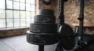 Thicker standard cast iron plates taking up more space on a barbell sleeve.
