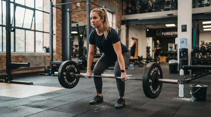 Person lifting a barbell loaded with tri-grip weight plates during a gym deadlift session. tri-grip plates for deadlifts