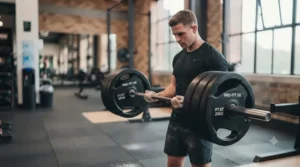 Olympic barbell securely loaded with multiple tri-grip plates ready for heavy lifting.
