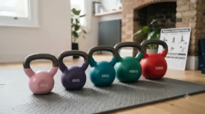 A colour-coded line-up of vinyl kettlebells on a mat, showing ascending weights (4kg, 6kg, 8kg, 10kg, 12kg) for beginners.