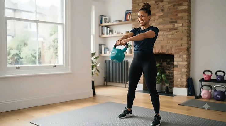 A British woman smiling while performing a kettlebell swing with a turquoise vinyl weight in a naturally lit home gym. vinyl kettlebells for beginners