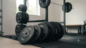 A sturdy weight plate storage tree keeping a home gym tidy and organised.