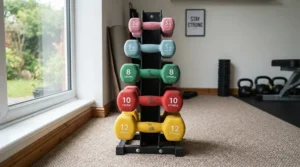 A-frame dumbbell rack demonstrating efficient vertical storage compared to bulky horizontal designs