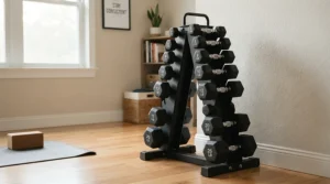 An A-frame dumbbell rack neatly organising weights in a bright spare room fitness corner