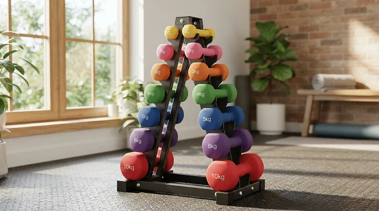 An A-frame dumbbell rack holding colourful neoprene hand weights in a modern flat