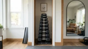 A-frame dumbbell rack neatly tucked into a small room alcove for minimalist storage